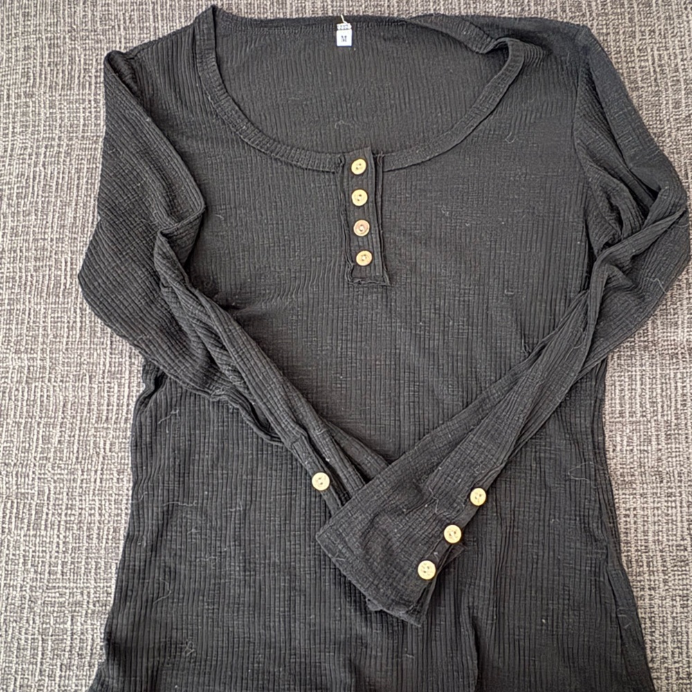 Black Long Sleeve Henley Top with wood Buttons